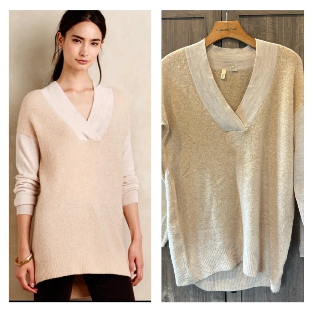 Anthropologie Moth Medium Sweater Wool Alpaca Bland V Neck Tan